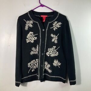 Merry & Bright Black Embroidered Leaf‎ Beaded Cardigan Sweater Women's Medium